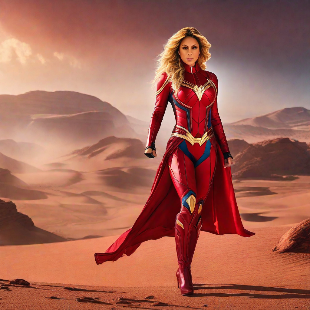 Shakira as Superheroine in red walk on Mars