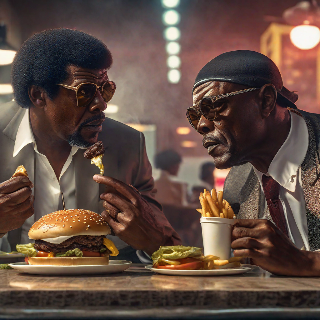 Pulp fiction  John travolta and samuel Lee Jackson  eating a burger