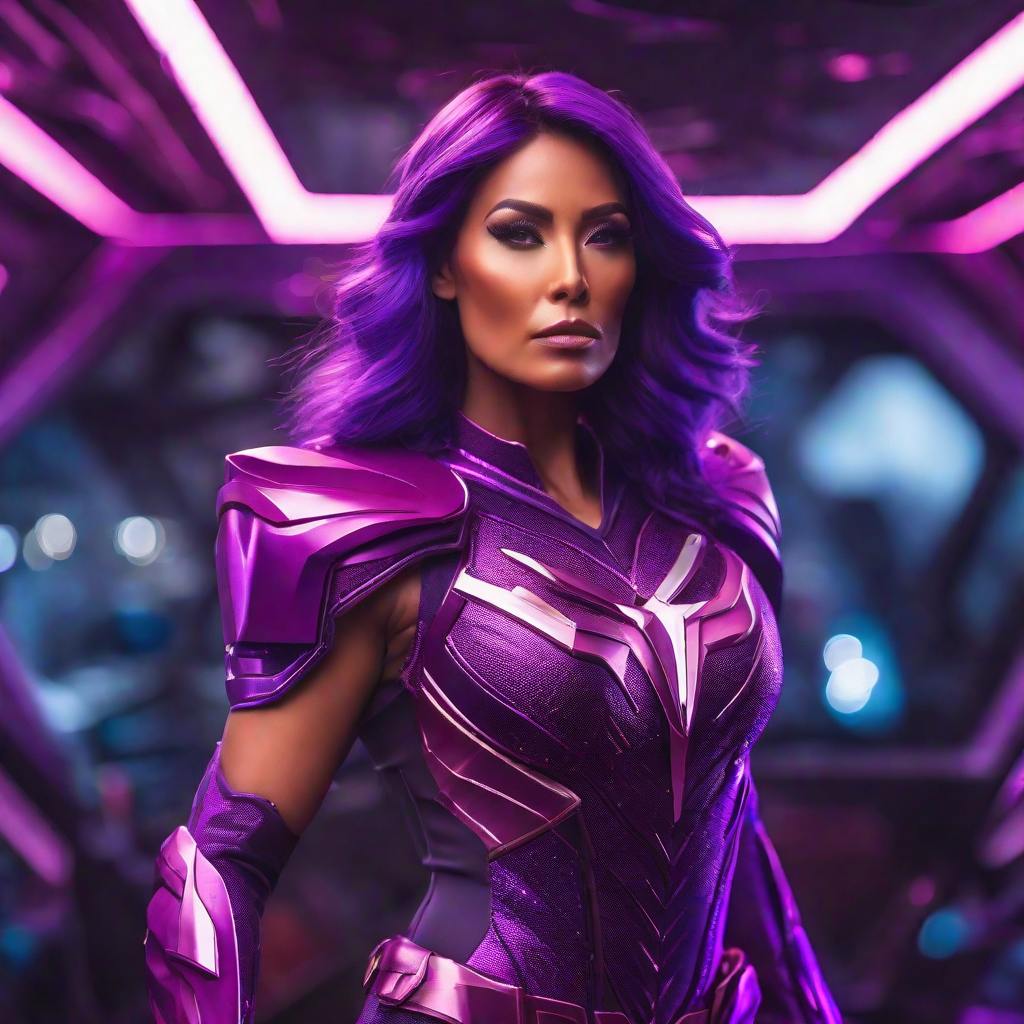 Loreen as Superheroine in purple flying in space with big muscles
