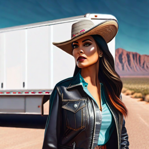 middle-aged Mexican women trucker from 2023 Whole body in front of a truck trailer
