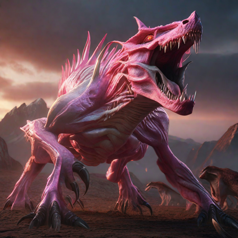 A monster with bone-like plates on its body, and muscular tendons hold the plates in place. The claws of the creature are sharp. It has a set of sharp teeth and a tongue with bone spurs along the length of it. It has a tail ending in a curved tip. The eyes of the creature slightly glow pink as it stares at the viewer. Around the creature there are numerous piles of flesh and bone from corpses.