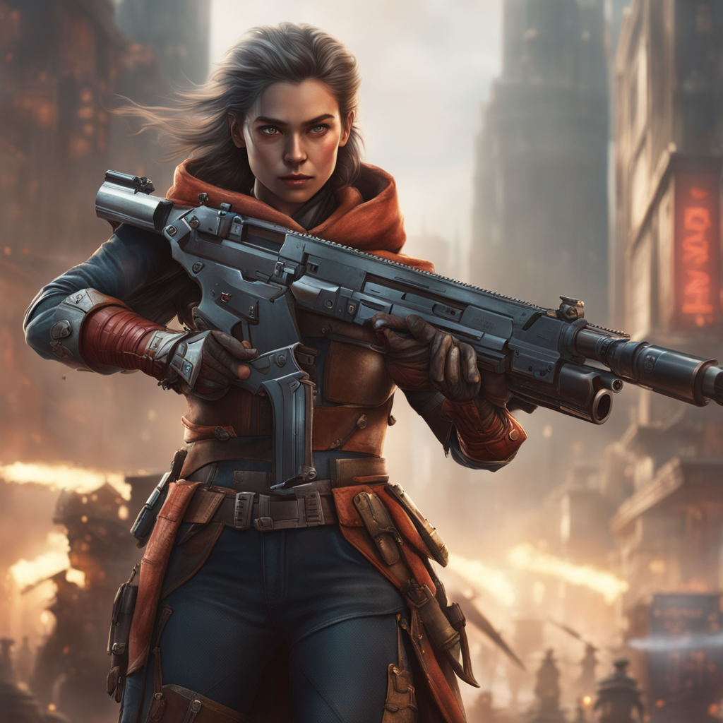 "Marvel movie Fantasy, young girl, skinny body, full body image, whole body action pose, 1 very large weapon, held by both hands, menacing smile, smooth soft skin, symmetrical, soft lighting, detailed face, concept art, digital painting, looking into the camera, Designed by AKeegz, isometric, digital art, smog, 3 d render, octane render, volumetrics, by greg rutkowski"