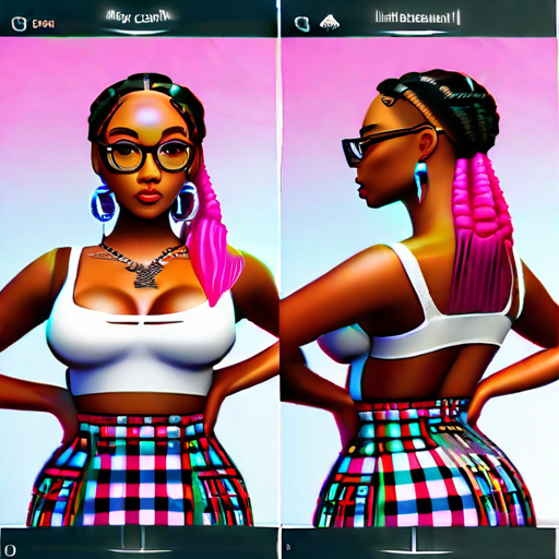 Stormi - Free AI Based Image Generator — 18 yo ebony girl, best quality.  open white bluse, nipples showing, nsfw, plaid mini skirt, no panties,  pussy, squatting, in front of bed, glasses