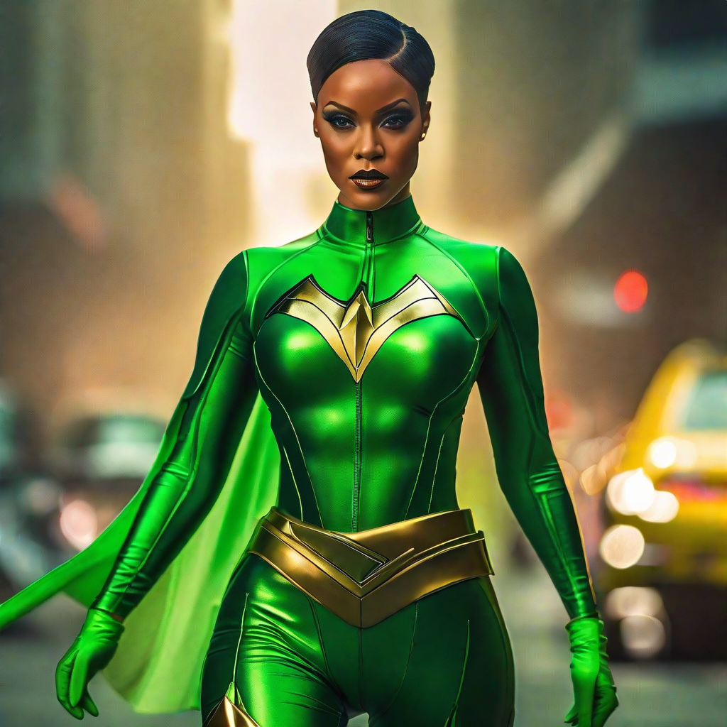 Rhianna as Superheroine in green with muscles