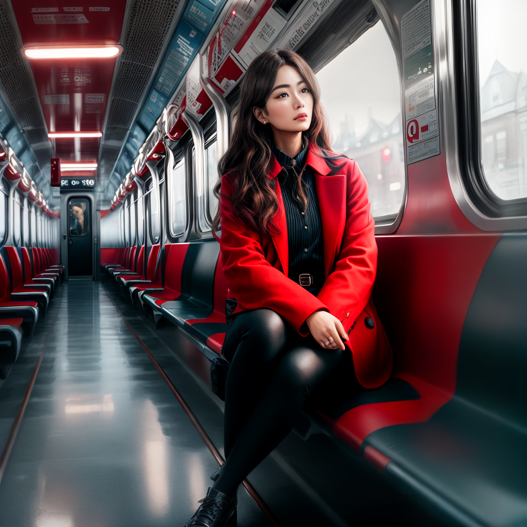 girl in red sitting in a train while listening to songs