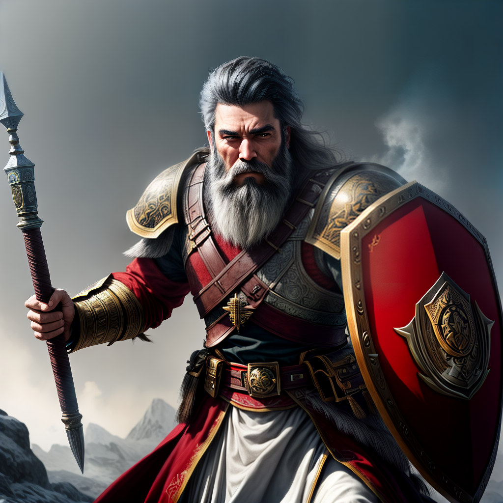 cleric with a brown beard and hair. He is carrying a shield and mace. Fire coming from the mace. Clothes colours are red and white