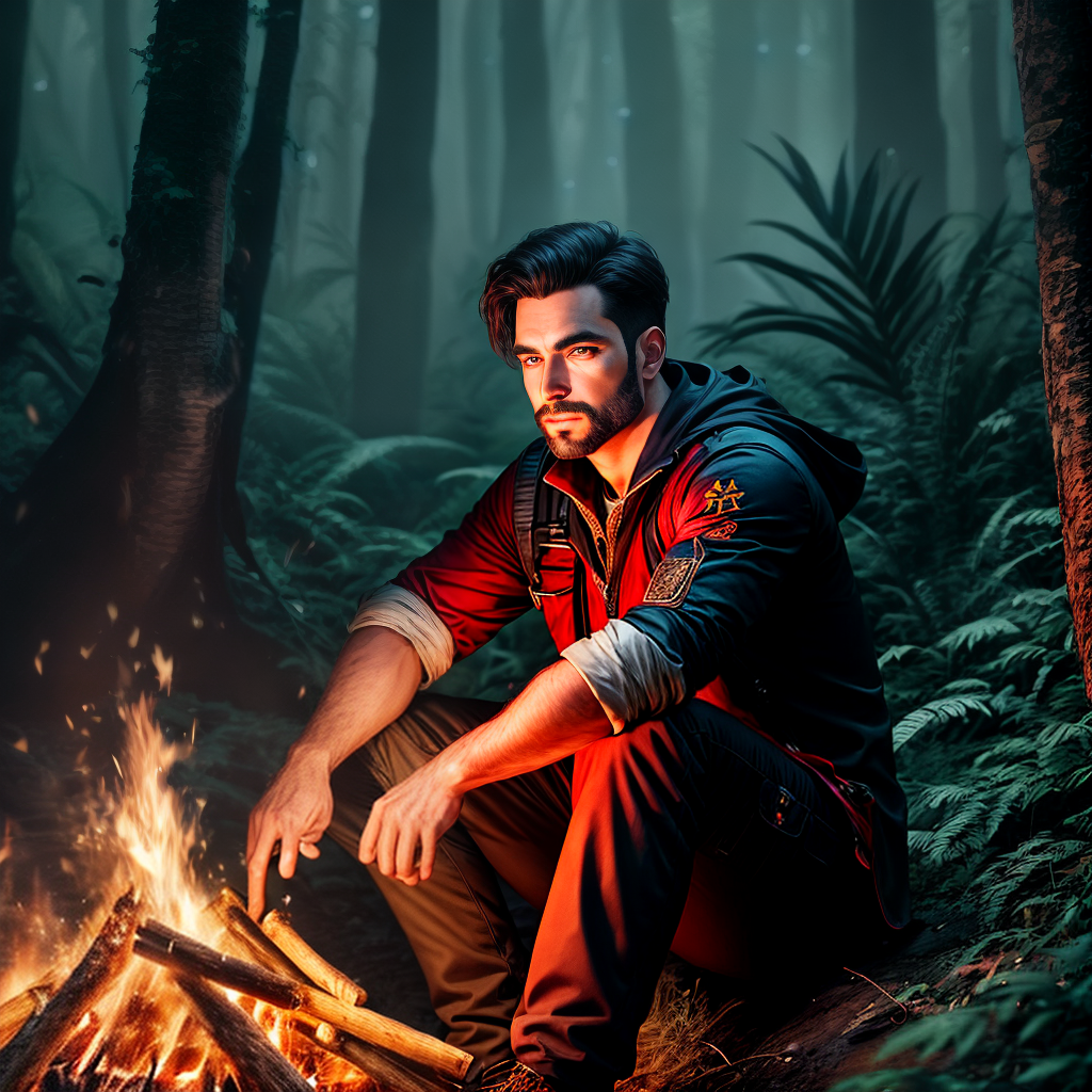 man sitting with a bonfire in the jungle at night full og stars