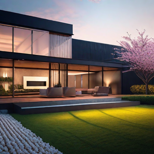Modern backyard Landscape design with cherry blossom tree